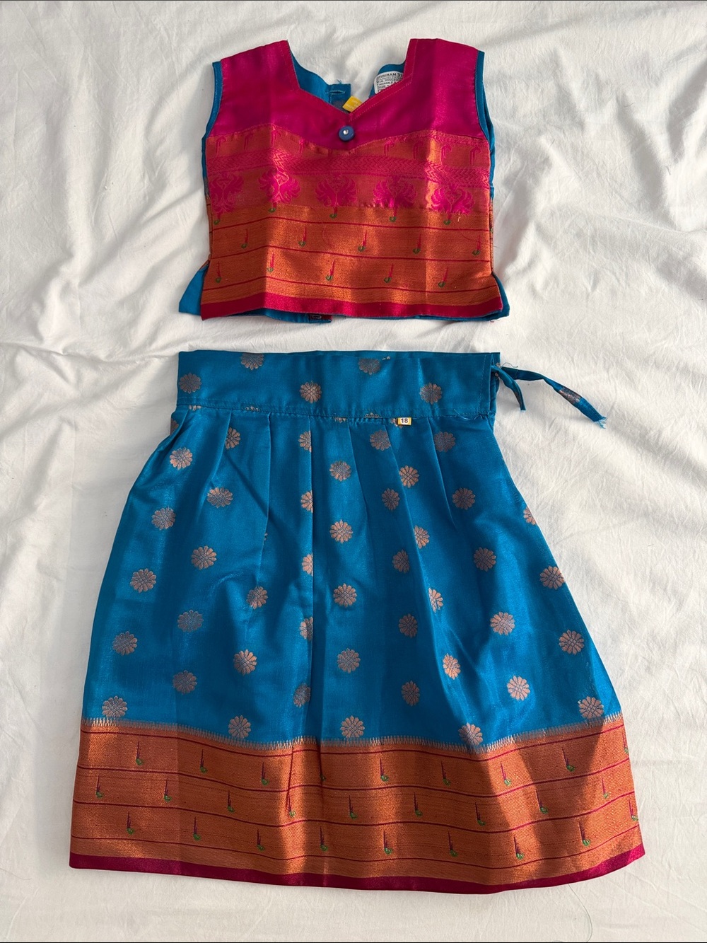 Indian Paithani Blue & Pink Girls' Festive Skirt Set